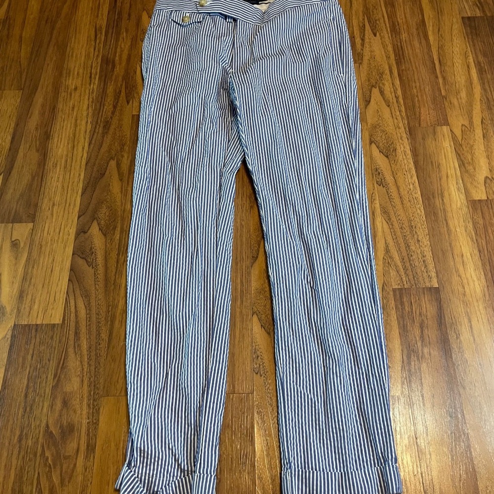 Ralph Lauren Sport Seersucker Pants Womens 2 Blue White Striped Cuffed 28x25.5